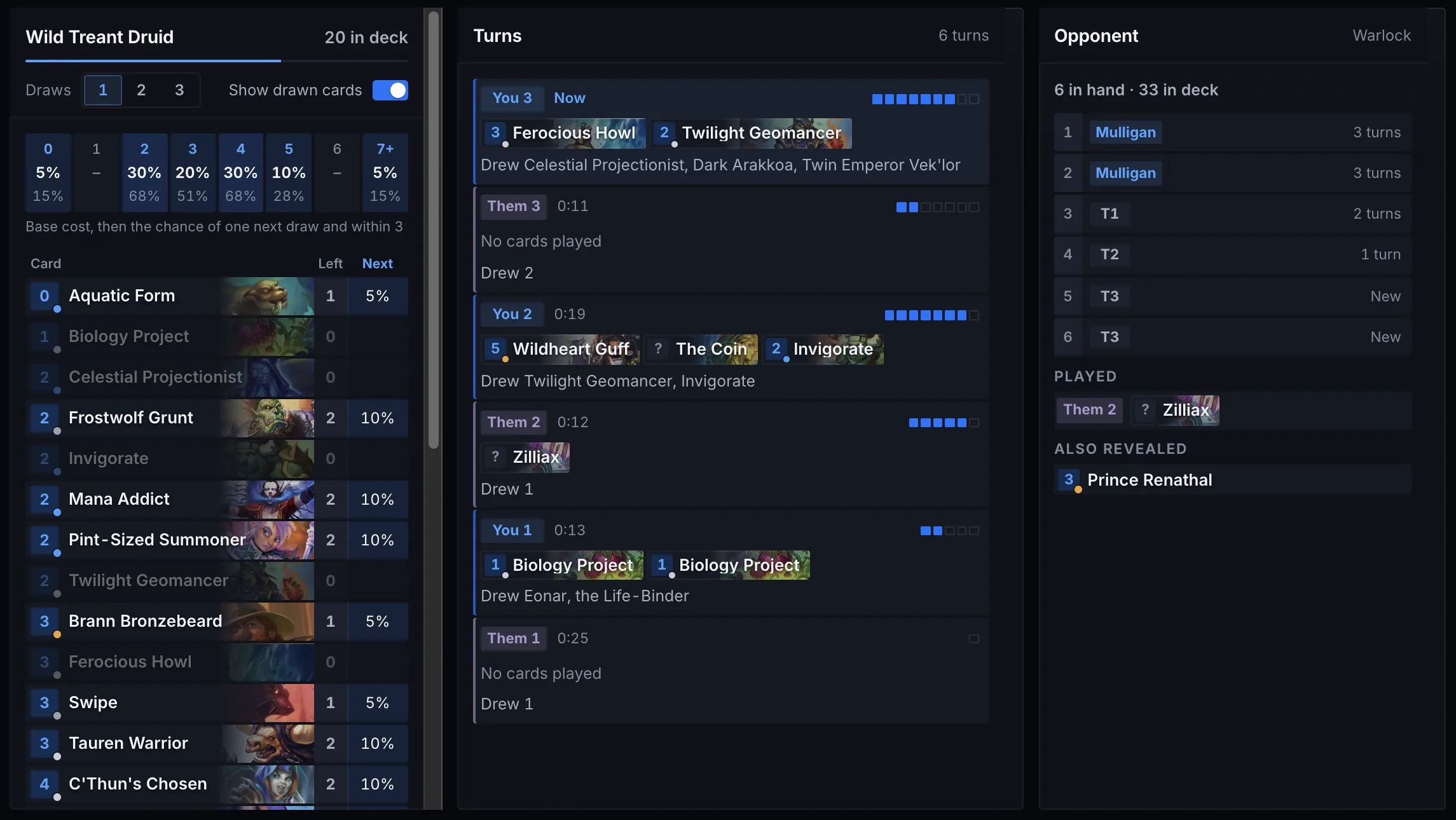 The live view partway through a game: the queued deck with what’s left in it and each card’s chance of being the next draw, the game turn by turn, and the opponent’s hand with the turn each card came in.
