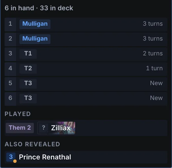 The opponent overlay: six cards in their hand, each with the turn it came in, the card they played, and a card they revealed.